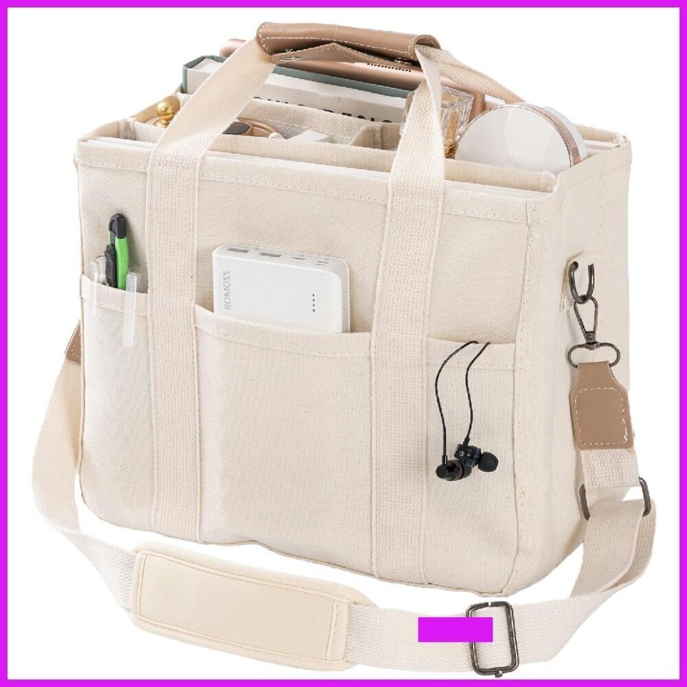 Canvas Tote Bag Multi Pocket Crossbody Organizer Handbag Women Everyday Chic